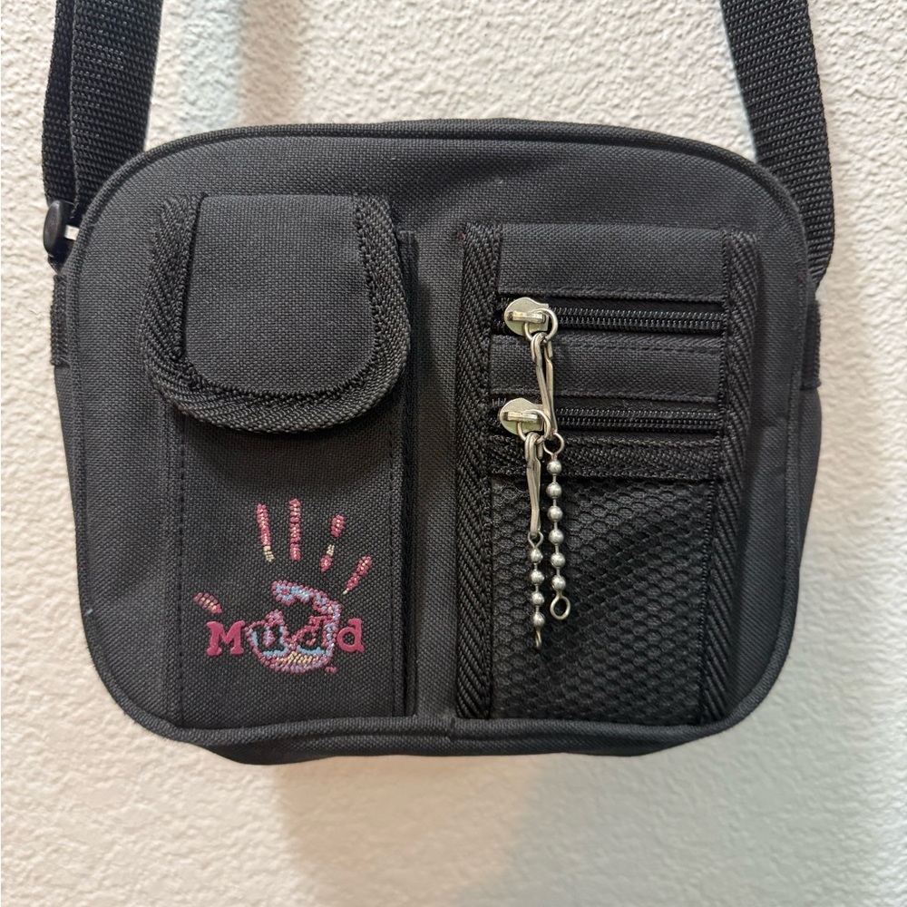 VTG 90s Y2K Mudd Black Messenger Bag Crossbody Canvas Pockets School Goth - Picture 2 of 10